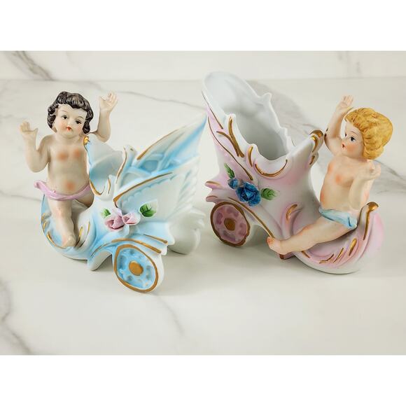 Putti Cherub Shoe Cart Porcelain Bisque 4" Figurine Blue Pink Home Decor x2 - Picture 6 of 16